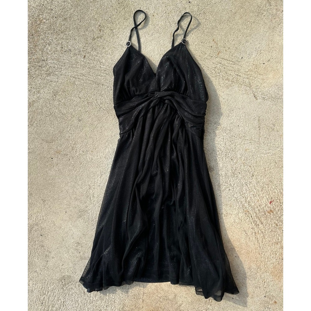 Y2K 2000s Black Glitter Mesh Mini Dress  Sparkly Halter Front Rhinestone XS